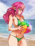  1girl ball bare_shoulders beach beachball bikini blue_sky blush breasts cloud day genderswap genderswap_(mtf) holding holding_ball holding_beachball large_breasts link long_hair mina_cream navel ocean outdoors pink_hair sky solo swimsuit the_legend_of_zelda water 