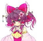  ascot bad_id bad_pixiv_id bow brown_hair detached_sleeves flower gradient_hair hair_bow hair_flower hair_ornament hakurei_reimu kanzashi multicolored_hair ponytail red_eyes sarashi short_hair solo touhou umeko_(koori_ume) 