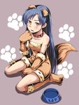  alternate_costume animal_ears bare_shoulders blue_hair boots bowl collar dan_(orange_train) gloves idolmaster idolmaster_(classic) kisaragi_chihaya kneeling long_hair ookami_girl_(idolmaster) paw_gloves paw_print paws pet_bowl solo tail translated wolf_ears wolf_paws wolf_tail 