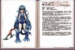  blue_hair character_profile dungeons_and_dragons fins kenkou_cross monster_girl monster_girl_encyclopedia official_art one-piece_swimsuit oversized_limbs polearm sahuagin school_swimsuit solo swimsuit translated trident weapon yellow_eyes 