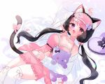  1girl absurdres animal_ear_fluff animal_ears arm_up babydoll black_hair bow breasts cat_ears choker collarbone darlingstrawb fang hair_bow heart heart_choker heart_pillow heterochromia highres indie_virtual_youtuber jacket juuroku_anna long_hair low_twintails lying mask mask_on_head multicolored_hair on_back open_clothes open_jacket open_mouth pillow pink_babydoll pink_bow pink_choker pink_eyes pink_hair pink_shorts pom_pom_(clothes) purple_eyes second-party_source shorts sleep_mask solo stuffed_animal stuffed_cat stuffed_toy tail tail_bow tail_ornament thighhighs twintails two-tone_hair virtual_youtuber white_jacket white_thighhighs 