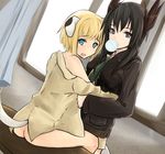  animal_ears ass black_hair blonde_hair bubble_blowing chewing_gum curtains dominica_s_gentile dutch_angle fang head_wings jacket jane_t_godfrey looking_back michigan multiple_girls necktie no_panties off_shoulder open_mouth short_hair sitting window world_witches_series yuri 