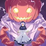  1girl batsu blue_hair bracelet halloween hands hood jack-o'-lantern jewelry kumoi_ichirin one-eyed pantyhose pumpkin purple_eyes short_hair touhou unzan 