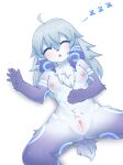  1girl :o ahoge animal_ears anus black_skin blush body_fur breasts closed_eyes colored_skin facing_viewer furry furry_female grey_fur grey_hair hand_on_own_stomach highres kindred_(league_of_legends) lalamedli lamb_(league_of_legends) league_of_legends long_hair lying medium_breasts nipples no_mask on_back pussy sheep_ears sheep_tail shiny_skin sleeping spread_legs tail zzz 