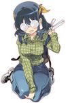  bad_id bad_pixiv_id bow breasts collarbone curvy denim full_body glasses green_hair hair_bow highres jeans kasuga_souichi kneeling large_breasts long_hair makishima_saori open_mouth ore_no_imouto_ga_konna_ni_kawaii_wake_ga_nai otaku pants plaid plaid_shirt shirt shoes simple_background smile sneakers solo white_background 