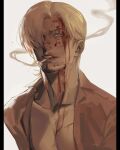  1boy bishounen blonde_hair blood blood_on_face blue_eyes cigar cigarette curly_eyebrows facial_hair hair_over_one_eye highres male_focus one_piece sanji_(one_piece) shirt smile smoke smoking solo 