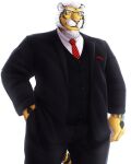 anthro asyr beard clock clothed clothing dream_and_nightmare eyebrows eyewear facial_hair felid fully_clothed glasses hand_in_pocket hi_res male mammal necktie pantherine pockets simple_background solo suit tiger watch white_background