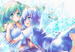  blue_eyes blue_hair blush bow breasts cirno detached_sleeves frog green_hair hair_bow hair_ornament hug kibushi kochiya_sanae large_breasts long_hair multiple_girls navel open_mouth short_hair smile touhou wings 