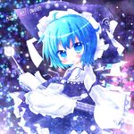  blue_eyes blue_hair blush cirno cosplay halloween happy_halloween hat kirisame_marisa kirisame_marisa_(cosplay) short_hair solo star touhou witch_hat yuya_(minus-k) 