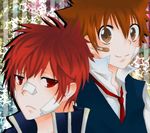  band_aids brown_eyes brown_hair frown katekyo_hitman_reborn kozato_enma red_eyes redhead sawada_tsunayoshi school_uniform smile sweater tie 