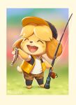 animal_crossing anthro blonde_hair canid canine canis clothing domestic_dog eyes_closed female fish fishing_rod floppy_ears hair hat headgear headwear hi_res isabelle_(animal_crossing) mammal marine nintendo nordeva open_mouth open_smile shih_tzu signature smile solo toy_dog