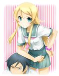  1girl aqua_eyes black_hair blonde_hair blush brother_and_sister can't_be_this_cute_2 fira_yuki hair_ornament hairclip kousaka_kirino kousaka_kyousuke ore_no_imouto_ga_konna_ni_kawaii_wake_ga_nai school_uniform serafuku short_hair siblings sweat 