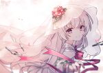  1girl absurdres arcaea bow bowtie commentary dot_nose flower grey_hair grey_shirt highres hikari_(arcaea) hikari_(zero)_(arcaea) long_hair long_sleeves looking_at_viewer looking_back miyu_(miy_u1308) outstretched_hand pink_bow pink_bowtie pink_eyes pink_flower pink_rose rose shirt simple_background smile solo upper_body veil white_background 
