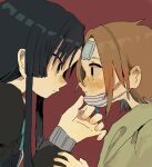  2girls bandage_on_face bandages black_hair blush bow closed_mouth eye_contact highres long_hair looking_at_another mask mask_pull meimeiner mouth_mask multiple_girls original profile red_bow short_hair 
