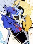  analog_boy02 arm_blade arm_cannon blue_eyes cannon cape digimon digimon_(creature) energy_barrier energy_shield highres mecha missile no_humans omegamon robot shield sword tagme weapon white_cape 