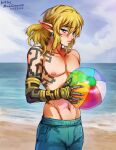  1boy 1girl ball beach beachball blonde_hair blue_sky cloud day earrings green_eyes holding holding_ball holding_beachball jewelry link looking_at_viewer male_focus male_swimwear mina_cream nipples ocean outdoors pectorals pointy_ears sky solo swim_trunks swimsuit the_legend_of_zelda the_legend_of_zelda:_tears_of_the_kingdom topless_male water 