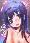  akemi_homura black_hair black_hairband breasts collarbone disappointed english_text gears hair_between_eyes hair_over_shoulder hairband hakkasame head_tilt heart highres light_frown lizard long_hair looking_to_the_side mahou_shoujo_madoka_magica nude open_mouth purple_eyes small_breasts speech_bubble standing 