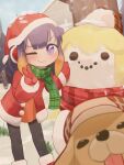  1girl :3 absurdres alternate_costume black_pants blunt_bangs blurry blurry_foreground bubba_(watson_amelia) character_snowman christmas coat commentary dog english_commentary fur-trimmed_coat fur-trimmed_headwear fur-trimmed_sleeves fur_trim gloves green_scarf hat highres hololive hololive_english leaning_forward looking_at_viewer nanachides ninomae_ina&#039;nis orange_hair pants purple_eyes purple_hair red_coat red_gloves red_headwear red_scarf santa_hat scarf smol_ame snow snowman tentacle_hair v virtual_youtuber watson_amelia 