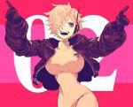  1girl black_gloves black_jacket bodysuit commentary gloves hair_over_one_eye highres index_fingers_raised jacket leather leather_jacket one_eye_covered one_piece open_clothes open_jacket open_mouth shiso_i4 short_hair smile solo teeth vegapunk_lilith 