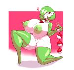 2018 anal_beads anthro areola big_breasts blush breasts clothing collar erect_nipples female gardevoir generation_3_pokemon green_areola green_clothing green_hair green_nipples hair holding_object huge_breasts kneeling lewdicrousart nintendo nipples not_furry on_one_knee pokeball pokeball_anal_beads pokeball_collar pokeball_sex_toy pokemon pokemon_(species) red_eyes sex_toy solo thick_thighs white_body white_skin