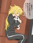  1girl black_pants black_sweater blonde_hair bocchi_the_rock! closed_eyes couch ekaki_no_shion from_side highres holding holding_stuffed_toy ijichi_seika long_hair long_sleeves on_couch open_mouth pants solo speech_bubble stuffed_animal stuffed_panda stuffed_toy sweater translation_request twitter_username 