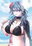  1girl bikini black_bikini black_cape blue_eyes blue_hair blue_sky breasts byleth_(female)_(fire_emblem) byleth_(fire_emblem) c26sn cape cleavage cloud commentary day fire_emblem fire_emblem:_three_houses fire_emblem_heroes flower food hair_flower hair_ornament hand_up highres holding holding_food holding_popsicle large_breasts long_hair navel popsicle red_flower sky solo stomach swimsuit upper_body 