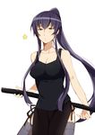  bad_id bad_pixiv_id bare_shoulders black_eyes blush breasts busujima_saeko cleavage highschool_of_the_dead long_hair medium_breasts mosuko ponytail purple_hair side_slit simple_background skirt solo star tank_top thighhighs very_long_hair weapon 