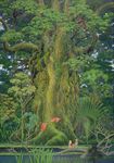  1girl 1other 90s androgynous bird blonde_hair brown_hair crane_(animal) forest giant_tree headband highres isono_hiroo lake mana_tree moss nature official_art oldschool outdoors plant popoi poster primm randi red_hair scan scenery seiken_densetsu seiken_densetsu_2 standing tree very_wide_shot water 