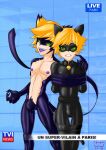  2boys abs adrien_agreste animal_ears blonde_hair bulge cat_boy cat_ears cat_tail chat_noir clenched_teeth commentary dual_persona english_commentary fangs french_text green_eyes highres looking_at_viewer male_focus miraculous_ladybug multiple_boys nipples otoko_no_ko short_hair signature standing tail teeth tongue tongue_out whitt yaoi 