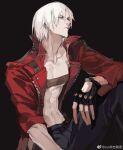  1boy belt_bra black_gloves blue_eyes coat dante_(devil_may_cry) devil_may_cry_(series) devil_may_cry_3 fingerless_gloves gloves highres male_focus red_coat simple_background solo weibo_5765457468 white_hair 