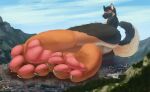 absurd_res aircraft anthro balls building building_destruction canid canine canis city cityscape destruction domestic_dog feet genitals german_shepherd helicopter herding_dog hi_res macro male mammal maxgshep mountain ozdra pastoral_dog pawpads paws pink_paws solo toes