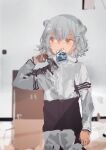  1girl absurdres alternate_costume arm_at_side blurry blurry_background cevio collar_tug commentary_request door double_bun drink_pouch flipped_hair grey_hair grey_jacket gym hair_bun hair_ornament hairclip hand_up high_collar highres indoors jacket kabuyama_kaigi koharu_rikka long_sleeves looking_to_the_side mouth_hold pink_eyes reflective_floor short_hair solo standing synthesizer_v uneven_eyes 