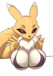 alpha_channel anthro bandai_namco big_breasts black_sclera blue_eyes breasts canid canine clothed clothing digimon digimon_(species) dipstick_ears female fur hi_res mammal multicolored_ears neck_tuft ravirr renamon simple_background solo transparent_background tuft white_body white_fur yellow_body yellow_fur