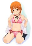  bare_shoulders bikini black_legwear blush full_body hair_ornament hairclip halter_top halterneck inami_mahiru katatsuka_kouji navel neck_ribbon off_shoulder orange_eyes orange_hair pink_bikini polka_dot polka_dot_bikini ribbon short_hair side-tie_bikini sitting solo swimsuit undressing wariza working!! 