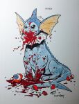  blood blood_on_face commentary english_commentary evil_smile fins furrowed_brow hat highres marker_(medium) no_humans poke_ball poke_ball_(basic) pokemon pokemon_(creature) pool_of_blood ryan_ottley signature smile traditional_media vaporeon 