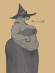 absurd_res anthro belly big_belly big_breasts big_butt bottomwear bra breasts butt canid canine canis clothed clothing female fishnet fur halloween hat headgear headwear hi_res holidays mammal obese overweight simple_background skirt solo text thiccomode thick_thighs underwear wide_hips witch_hat wolf