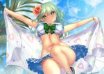  bikini blue_bikini blue_sky blurry blurry_background bracelet breasts cleavage closed_mouth commentary_request flower green_eyes green_hair hair_flower hair_ornament heart jewelry komeiji_koishi komeiji_koishi_(the_excited_eyes_of_love) large_breasts leg_up lens_flare looking_at_viewer outdoors outstretched_arms palm_tree parasol plaid plaid_bikini red_flower short_hair shounen_(hogehoge) sky smile swimsuit touhou touhou_lost_word towel tree umbrella variant_set 
