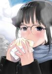  1girl baozi blush earmuffs eating food glasses hanamizawa_q-tarou nose_blush original scarf snow solo winter 