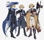  3boys absurdres bishounen black_suit blonde_hair blood blood_on_clothes boots ebf7l halberd hat highres katana limbus_company male_focus multiple_boys neckerchief polearm project_moon rapier short_hair sinclair_(project_moon) suit sword weapon white_suit yellow_eyes 