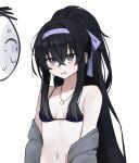  1boy 1girl bare_shoulders bikini black_bikini black_hair blue_archive blush breasts cardigan collarbone doodle_sensei_(blue_archive) furrowed_brow grey_cardigan hair_between_eyes hairband highres indonesian_commentary long_hair looking_at_another midriff navel open_mouth ponytail purple_eyes purple_hairband sambel_kacang1 sensei_(blue_archive) sidelocks small_breasts sweat swimsuit ui_(blue_archive) ui_(swimsuit)_(blue_archive) upper_body very_long_hair white_background 