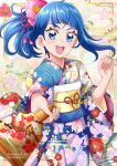  1girl 2024 :d blue_eyes blue_hair blue_kimono blunt_bangs dated floating_hair floral_print flower hair_flower hair_ornament hanzou highres hirogaru_sky!_precure holding japanese_clothes kimono long_hair long_sleeves nengajou new_year open_mouth pink_flower ponytail precure print_kimono smile solo sora_harewataru standing twitter_username watermark wide_sleeves 