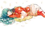  1girl aqua_hair boots commentary_request eirika_(fire_emblem) falling_petals feet_out_of_frame fire_emblem fire_emblem:_the_sacred_stones gloves green_eyes hair_spread_out kazuha_(kazuha1003) knee_boots long_hair lying on_side petals red_footwear red_gloves skirt smile solo teeth white_background white_skirt 