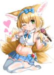  1girl alternate_costume animal_ear_fluff animal_ears arknights bare_shoulders blonde_hair blue_bow blue_bowtie blue_hairband blue_skirt blush bow bow_hairband bowtie braid braided_hair_rings closed_mouth collared_shirt colored_tips commentary cropped_shirt dress fox_ears fox_girl fox_tail green_eyes hair_bow hair_rings hairband heart highres holding holding_microphone idol kitsune kyuubi looking_at_viewer microphone midriff miniskirt multicolored_hair multiple_tails nasumikan_(nodoame241) navel no_shoes one_eye_closed oripathy_lesion_(arknights) pleated_skirt pointing pointing_at_self seiza shirt simple_background sitting skirt sleeveless sleeveless_dress smile solo split_mouth suzuran_(arknights) tail thighhighs twin_braids two-tone_hair white_background white_hair white_shirt white_thighhighs wrist_cuffs 