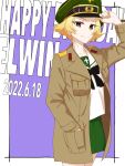  1girl adjusting_clothes adjusting_headwear birthday black_bow blonde_hair blouse bow brown_eyes brown_jacket character_name closed_mouth commentary cowboy_shot dated english_text erwin_(girls_und_panzer) girls_und_panzer goggles goggles_on_headwear green_headwear green_skirt hand_in_pocket happy_birthday hat highres jacket long_sleeves looking_at_viewer military_hat military_jacket miniskirt ooarai_school_uniform open_clothes open_jacket oritako outside_border peaked_cap pleated_skirt pointy_hair purple_background sailor_collar school_uniform serafuku shirt short_hair skirt smile solo standing white_sailor_collar white_shirt 