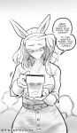  2others ahoge animal_ears averting_eyes belt boku_no_hero_academia breasts coffee_mug collared_shirt corrupted_twitter_file crowd cup curvy embarrassed english_text furry furry_female headphones highres holding holding_cup huge_ahoge huge_breasts iced_latte_with_breast_milk_(meme) implied_breast_milk ippan_josei looking_at_viewer meme mug multiple_others pants rabbit_ears shark_girl shirt sin_castermon sleeves_pushed_up snout speech_bubble wide_hips wireless 