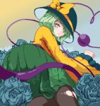  1girl floral_print floral_print_skirt flower frilled_sleeves frills green_eyes green_hair green_skirt hair_over_one_eye komeiji_koishi looking_at_viewer lying nukekip pixel_art print_skirt ribbon rose shirt short_hair skirt solo third_eye torn_clothes torn_socks touhou wide_sleeves yellow_ribbon yellow_shirt yellow_sleeves 