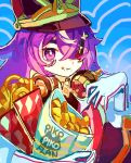  1girl :t chevreuse_(genshin_impact) commentary_request food food_on_face genshin_impact gloves hat highres long_hair multicolored_hair onion_rings pikoillust purple_eyes purple_hair shako_cap solo streaked_hair upper_body white_gloves white_hair 