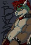 belly bottomwear bowser bracelet clothed clothing collar eyebrow_piercing facial_hair facial_piercing goatee horn jewelry koopa male mario_bros navel nintendo pants piercing red_eyes scalie shell slightly_chubby solo spiked_bracelet spiked_collar spiked_shell spikes spikes_(anatomy) topless voondahbayosh