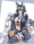  1girl absurdres alternate_breast_size animal_ears arm_rest black_hair black_thighhighs blue_eyes breasts buttons curvy fang fur_collar fur_trim gloves grey_wolf_(kemono_friends) heterochromia highres jacket kemono_friends knee_up long_hair looking_at_viewer multicolored_hair navel necktie no_bra open_clothes open_jacket parted_bangs partially_unbuttoned plaid_necktie shoes skin_fang skindentation skirt solo stomach tail thighhighs two-tone_hair underboob urisaba white_hair wolf_ears wolf_girl wolf_tail yellow_eyes zettai_ryouiki 