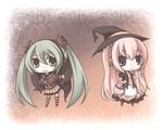  apron bat_wings blue_eyes chibi dress green_eyes green_hair halloween hat hatsune_miku long_hair megurine_luka multiple_girls pink_hair skirt striped striped_legwear thighhighs twintails very_long_hair vocaloid wings witch_hat yamino_haruka 